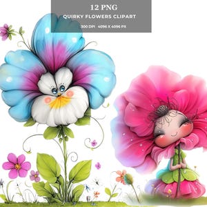 Quirky Flowers Clipart – Whimsical Fantasy Bloom jpg, Cute Floral Digital Art for Cards, Stickers, T-Shirts, Sublimation & POD