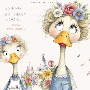 May include: Watercolor illustration featuring two whimsical geese. One goose wears a floral crown and denim overalls, the other holds a bouquet and a small cake. The image includes the text "26 PNG BIRTHDAY GOOSE".