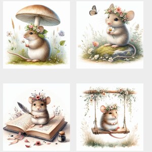 May include: Four illustrations of cute mice wearing flower crowns. The first mouse is standing under a mushroom, the second is sitting on a rock, the third is reading a book, and the fourth is on a swing.