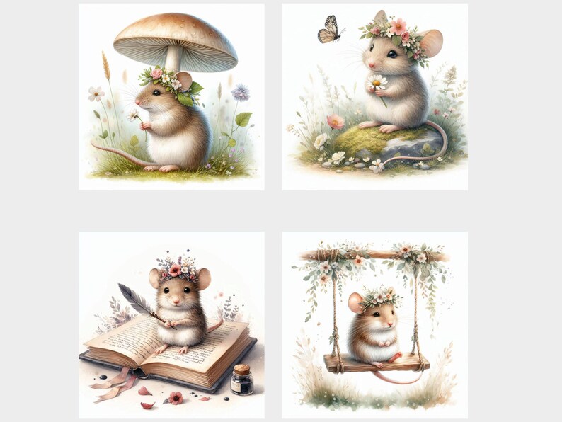 May include: Four illustrations of cute mice wearing flower crowns. The first mouse is standing under a mushroom, the second is sitting on a rock, the third is reading a book, and the fourth is on a swing.