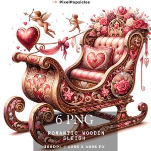 Clipart traîneau romantique, traîneau fantaisie de la Saint-Valentin, 8 Png rose traîneau des cliparts, des cliparts amour, usage Commercial