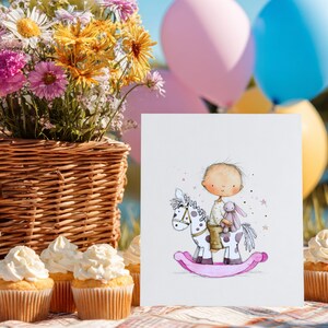 May include: A greeting card featuring a watercolor illustration of a child riding a rocking horse, holding a stuffed bunny. The card is set against a backdrop of a picnic with cupcakes, a basket of flowers, and balloons.