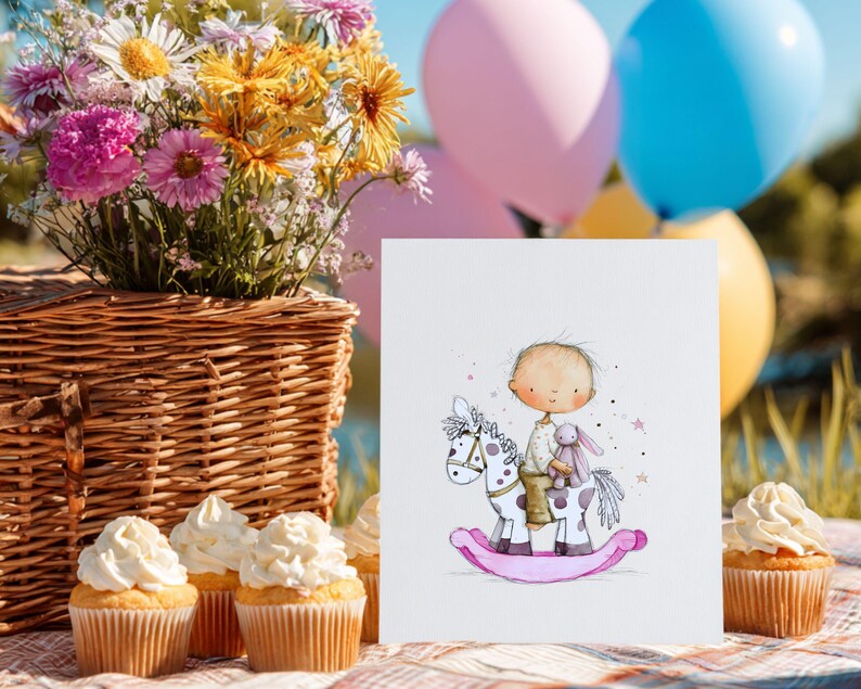 May include: A greeting card featuring a watercolor illustration of a child riding a rocking horse, holding a stuffed bunny. The card is set against a backdrop of a picnic with cupcakes, a basket of flowers, and balloons.