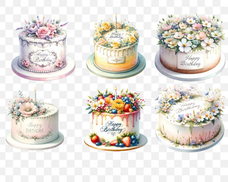 Floral Birthday Cake Clipart Set | Celebration PNG Images Digital ...