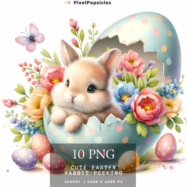 10 Happy Easter Cute Bunnies Watercolor Clipart Png, Spring Flowers Easter Eggs , Junk Journaling Commercial Use Instant Download