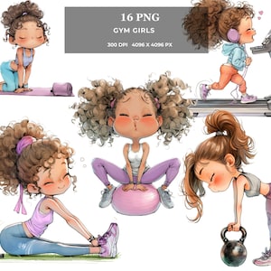 Gym Girls Clipart – Strong Cute Stylish Fitness PNG, Quirky Workout Digital Art for Cards, Stickers, T-Shirts, Sublimation & POD