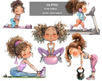 May include: A set of 16 digital illustrations of cartoon girls exercising. The girls are wearing colourful workout clothes and are shown doing various exercises, such as running on a treadmill, lifting weights, and stretching. The illustrations are in a cartoon style and are perfect for use in digital projects.