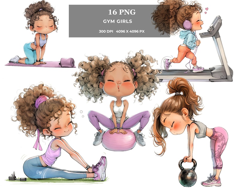 May include: A set of 16 digital illustrations of cartoon girls exercising. The girls are wearing colourful workout clothes and are shown doing various exercises, such as running on a treadmill, lifting weights, and stretching. The illustrations are in a cartoon style and are perfect for use in digital projects.