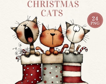 Festive Christmas Cats Clipart, 24 Watercolor Winter PNGs