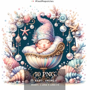 May include: A baby gnome sleeping in a seashell cradle, surrounded by pearls, seashells, and starfish. The gnome is wearing a pink and blue hat with a pearl embellishment. The background is a dark teal blue with white stars.