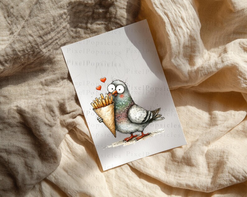 Funny Pigeon Clipart PNG, Sketchy City Bird with French Fries and Macarons image 7