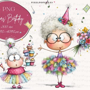Könnte beinhalten: Digitale Illustration mit zwei älteren Cartoonfiguren, die einen Geburtstag feiern. Eine Figur hält Blumen, die andere Cupcakes. Der Text "Seniors' Birthday" ist enthalten. Dekoriert mit Noten und Konfetti.