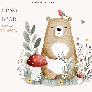 Puede incluir: Ilustración en acuarela de un oso pardo con un pájaro en la cabeza, rodeado de flores, plantas y setas. El texto "12 PNG BEAR" está en la parte superior izquierda, con "300 dpi 4096 x 4096 px" debajo. Una escena de bosque encantadora.