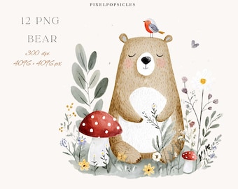 Può includere: Illustrazione ad acquerello di un orso marrone con un uccello in testa, circondato da fiori, piante e funghi. Il testo "12 PNG BEAR" è in alto a sinistra, con "300 dpi 4096 x 4096 px" sotto. Una scena boschiva.