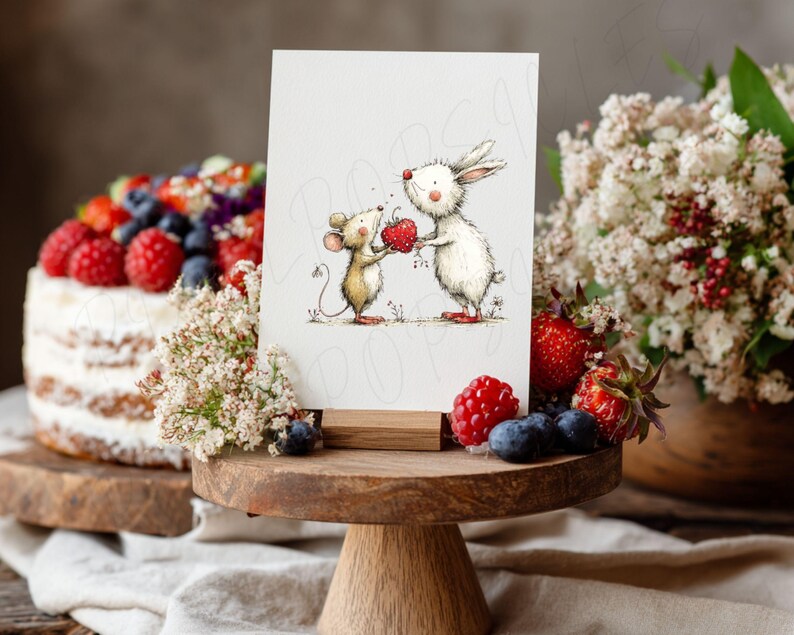 May include: A greeting card featuring a whimsical illustration of a mouse and a rabbit holding a heart. The card is displayed on a wooden stand, with a cake and berries in the background. The image has a soft, watercolor style.