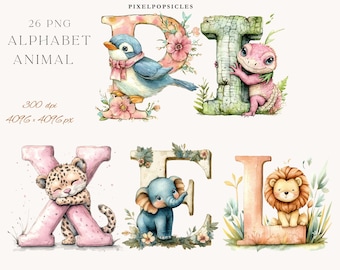Watercolor Animal Alphabet Clipart – Nursery ABC Illustrations (Digital Download)
