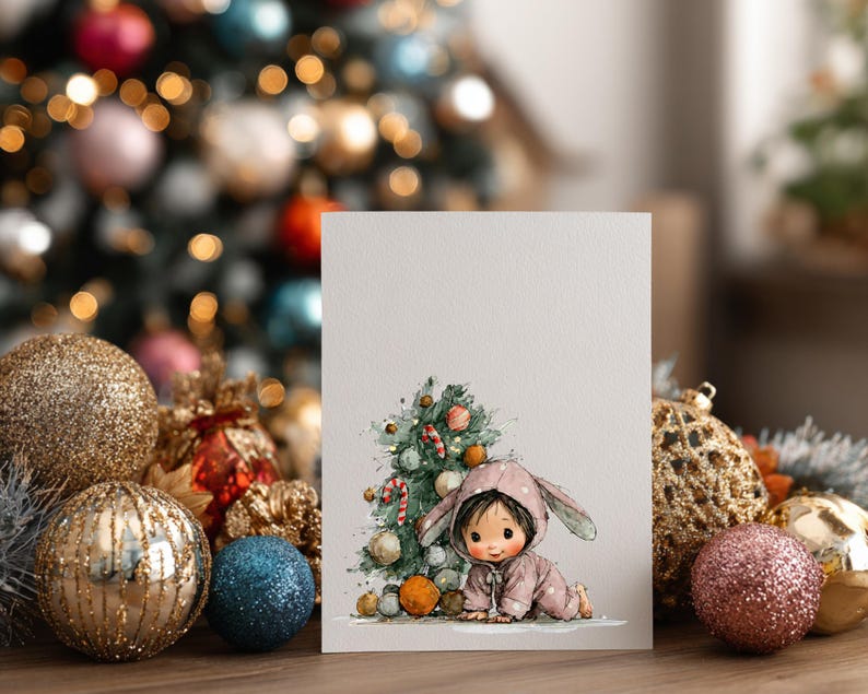 Puede incluir: Tarjeta de felicitaci&oacute;n navide&ntilde;a con una ilustraci&oacute;n en acuarela de un beb&eacute; con un traje de conejito rosa, cerca de un &aacute;rbol de Navidad decorado. La tarjeta est&aacute; colocada sobre un fondo de adornos navide&ntilde;os borrosos y una superficie de madera.