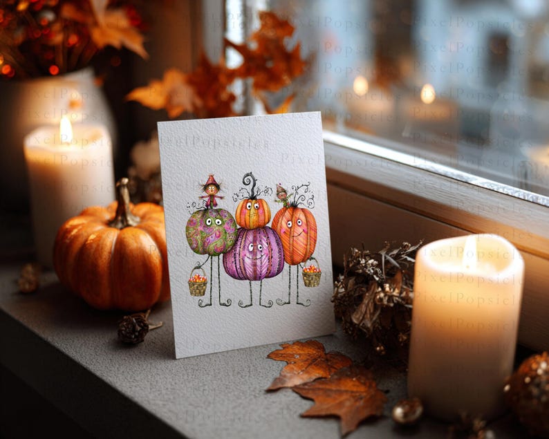 May include: A white greeting card featuring a whimsical illustration of three stacked pumpkins with faces, thin stick-like legs, and arms holding small baskets. The pumpkins are coloured in shades of green, purple, and orange with detailed line work.