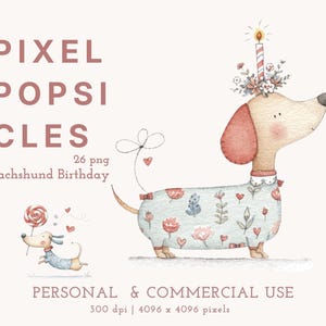 Op de afbeelding: Aquarelillustratie van een teckel met een bloemmotief trui en een verjaardagskaarsje op zijn kop, met de tekst PIXEL POPSICLES 26 png Dachshund Birthday PERSONAL & COMMERCIAL USE 300 dpi 4096 x 4096 pixels.