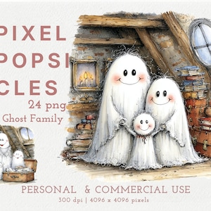 May include: A digital illustration of a ghost family consisting of two large ghosts and one small ghost standing in an attic. The text PIXEL POPSICLES 24 png Cute Ghost Family PERSONAL & COMMERCIAL USE 300 dpi 4096 x 4096 pixels is visible.