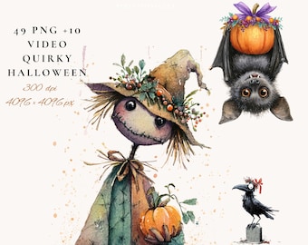 Clipart di Halloween stravaganti, spaventapasseri ad acquerello, pipistrello, corvo PNG, grafica di Halloween, uso commerciale