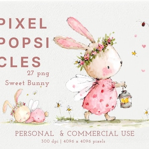 Puede incluir: Un conjunto de ilustraciones digitales titulado PIXEL POPSICLES con conejos estilo acuarela con alas y coronas de flores. Un conejo de pie sostiene una linterna, mientras otro duerme en el suelo. Texto incluido: 27 png, Sweet Bunny, PERSONAL & COMMERCIAL USE, 300 dpi, 4096 x 4096 pixels.