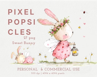 Sweet Bunny Clipart: Whimsical Rabbit 27 PNG Bundle  Easter Nursery Art