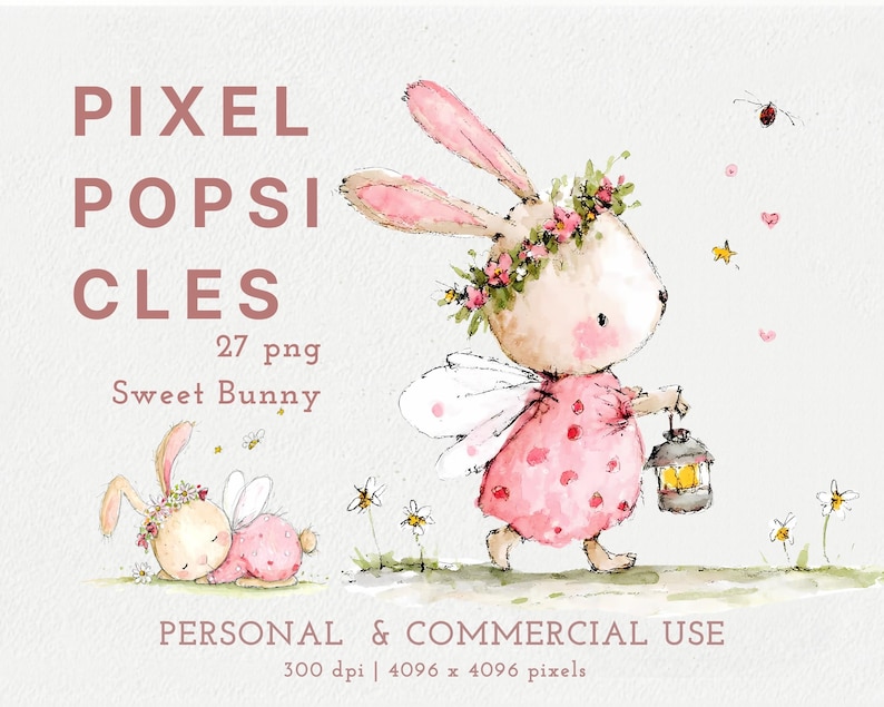 Op de afbeelding: Een digitale illustratieset genaamd PIXEL POPSICLES met aquarel-stijl konijntjes met vleugels en bloemenkransen. E&eacute;n konijn staat met een lantaarn, terwijl een ander op de grond slaapt. Tekst inbegrepen: 27 png, Sweet Bunny, PERSONAL & COMMERCIAL USE, 300 dpi, 4096 x 4096 pixels.