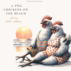 Clipart di "Polli sulla spiaggia", 11 PNG acquerello estivo, diario di spazzatura, creazione di biglietti, etichetta regalo, immagini digitali stampabili a sublimazione