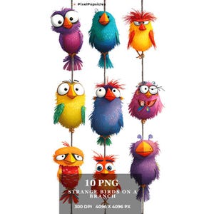 10 Quirky Birds Cartoon, Playful Art Print for Kids,Home Decor, Quirky Birds, Whimsical Bird Art, Whimsical Bird Illustration, Fun Wall Art