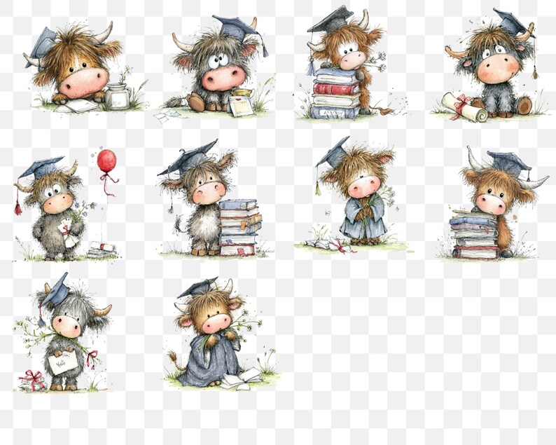 Graduation Highland Cow Clipart Set Watercolor Cows With Cap & Books ...