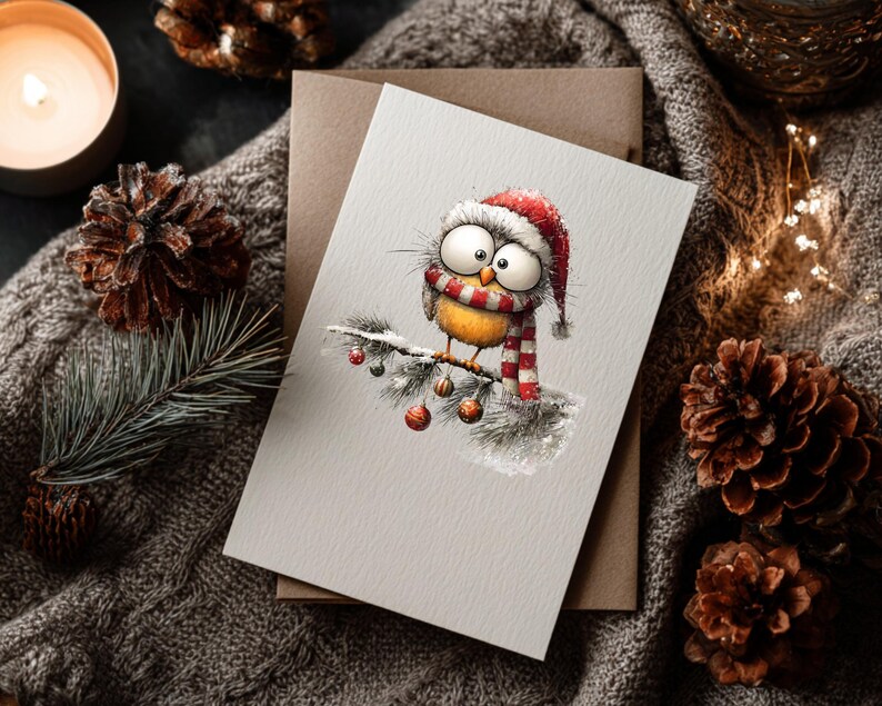May include: A Christmas greeting card featuring a cartoon bird wearing a Santa hat and a red and white striped scarf, perched on a snow-covered branch with ornaments. The card is on a neutral background with a brown envelope.