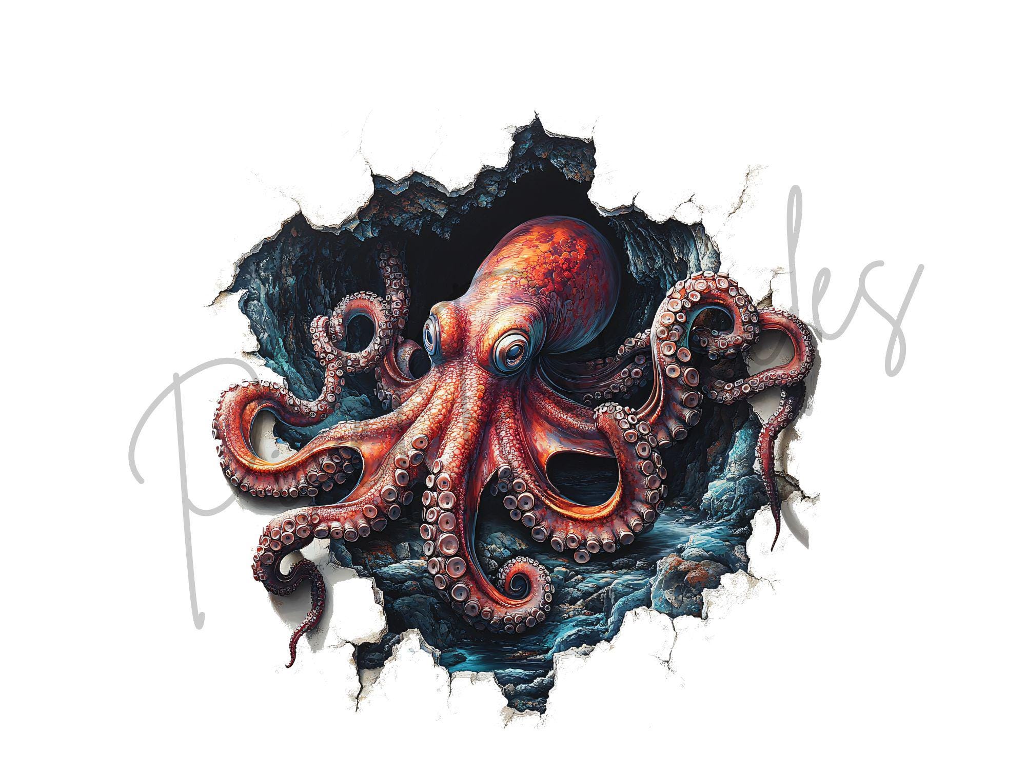 タコの水彩画クリップアート12点：白黒インクPNG（デジタル