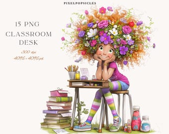 Imágenes prediseñadas de chica peculiar PNG con fondo transparente Gráficos para el aula Ilustración caprichosa en acuarela Conjunto de descarga digital