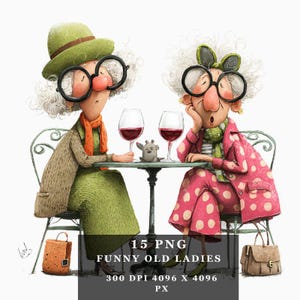 Funny Old Ladies PNG-bundel – 15 eigenzinnige oma's die wijn drinken clipart voor sublimatie, T-shirts, kaarten, DTG en digitale knutselprojecten
