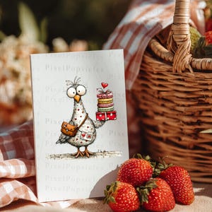 May include: A whimsical greeting card featuring a cartoon bird with large eyes, carrying a stack of macarons and a gift box. The bird has a messenger bag and is decorated with hearts. Strawberries and a picnic basket are in the background. The card has the text "Pixel Popsicles".