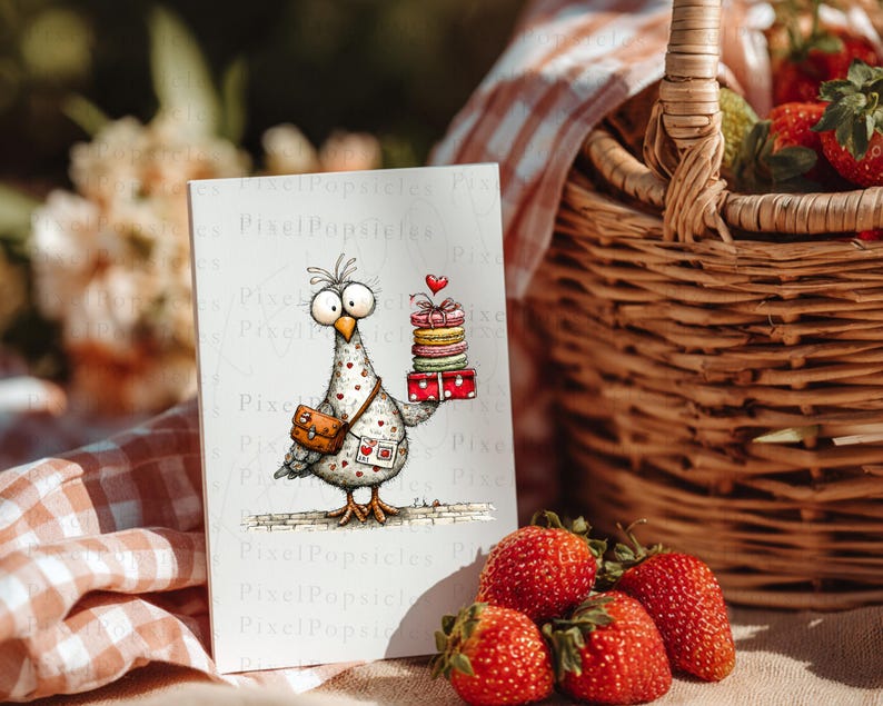 May include: A whimsical greeting card featuring a cartoon bird with large eyes, carrying a stack of macarons and a gift box. The bird has a messenger bag and is decorated with hearts. Strawberries and a picnic basket are in the background. The card has the text "Pixel Popsicles".