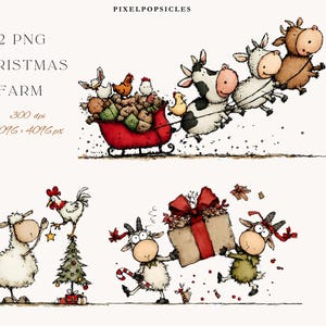 Op de afbeelding: Een grillige illustratie met boerderijdieren in een kerstthema. Koeien trekken een slee vol cadeaus en kippen. Andere scènes tonen een schaap, een haan en geiten die een kerstboom versieren en cadeaus uitwisselen. De tekst "22 PNG Christmas Farm" staat bovenaan.