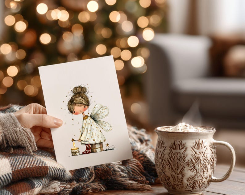 May include: A greeting card featuring a whimsical illustration of a fairy holding a candle. The fairy wears a white dress with star accents and has delicate wings. A steaming mug of a beverage sits nearby, with a cozy blanket in the foreground.