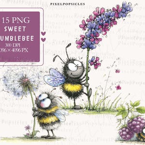 May include: A charming illustration of three cartoon bumblebees amongst flowers and berries. One bee holds a large purple and pink flower, another a dandelion, and the third is near some purple berries. The image includes text that reads "15 PNG SWEET BUMBLEBEE 300 DPI 4096 x 4096 PX".