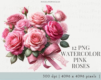 Clipart de rosas cor-de-rosa em aquarela – Buquê floral em PNG (Download digital)