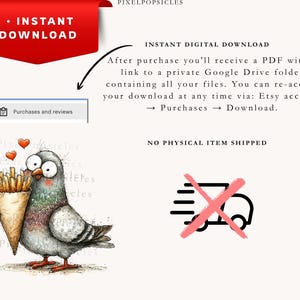 May include: A digital download graphic featuring a cartoon pigeon holding a cone of fries, with hearts above it. The image includes text that says "Instant Download" and "No physical item shipped."