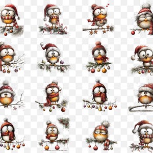 May include: A collection of whimsical cartoon birds, each perched on a branch and adorned with winter hats and scarves. The birds have large eyes and are surrounded by festive decorations like ornaments and stars, creating a holiday theme.