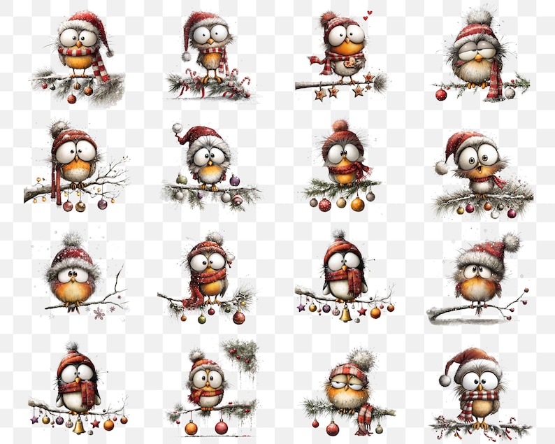 May include: A collection of whimsical cartoon birds, each perched on a branch and adorned with winter hats and scarves. The birds have large eyes and are surrounded by festive decorations like ornaments and stars, creating a holiday theme.