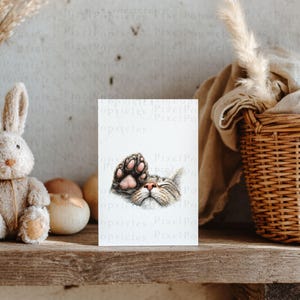 May include: A watercolour print featuring a sleeping cat, its paw raised. The cat's face has brown and grey stripes, and the paw has pink pads. The print is on a wooden shelf with a stuffed bunny and a wicker basket.