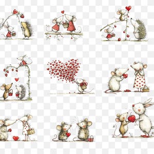 May include: A collection of whimsical illustrations featuring adorable mice and other woodland creatures. The images depict scenes of love and friendship, with hearts and berries. The artwork is in a soft, watercolor style, perfect for Valentine's Day or other romantic occasions.