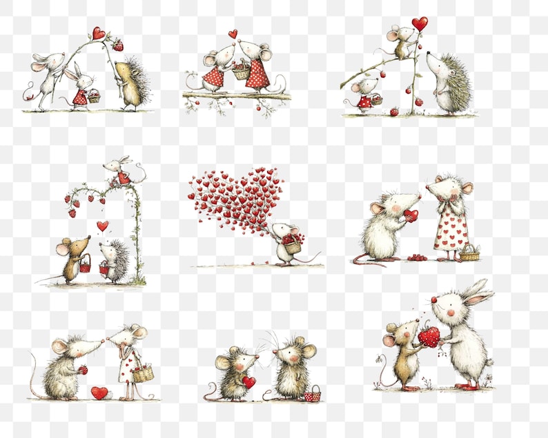 May include: A collection of whimsical illustrations featuring adorable mice and other woodland creatures. The images depict scenes of love and friendship, with hearts and berries. The artwork is in a soft, watercolor style, perfect for Valentine's Day or other romantic occasions.