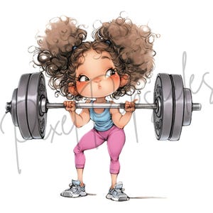 May include: A cartoon illustration of a girl with curly brown hair lifting a barbell. She is wearing a blue tank top, pink leggings, and white trainers.