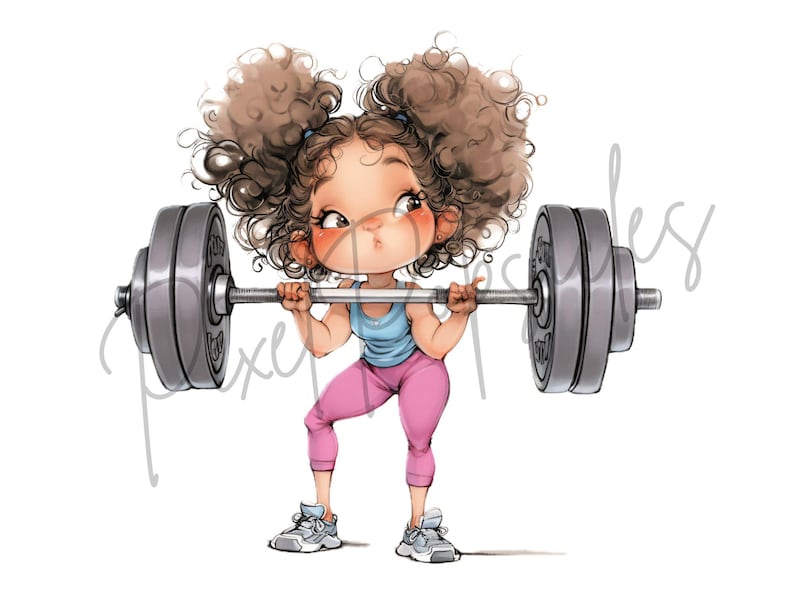 May include: A cartoon illustration of a girl with curly brown hair lifting a barbell. She is wearing a blue tank top, pink leggings, and white trainers.