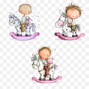 May include: Watercolor illustrations of children riding rocking horses. Each child is depicted with a stuffed animal. The rocking horses are white with pink accents and sit on pink rockers. The children are wearing neutral-toned clothing.